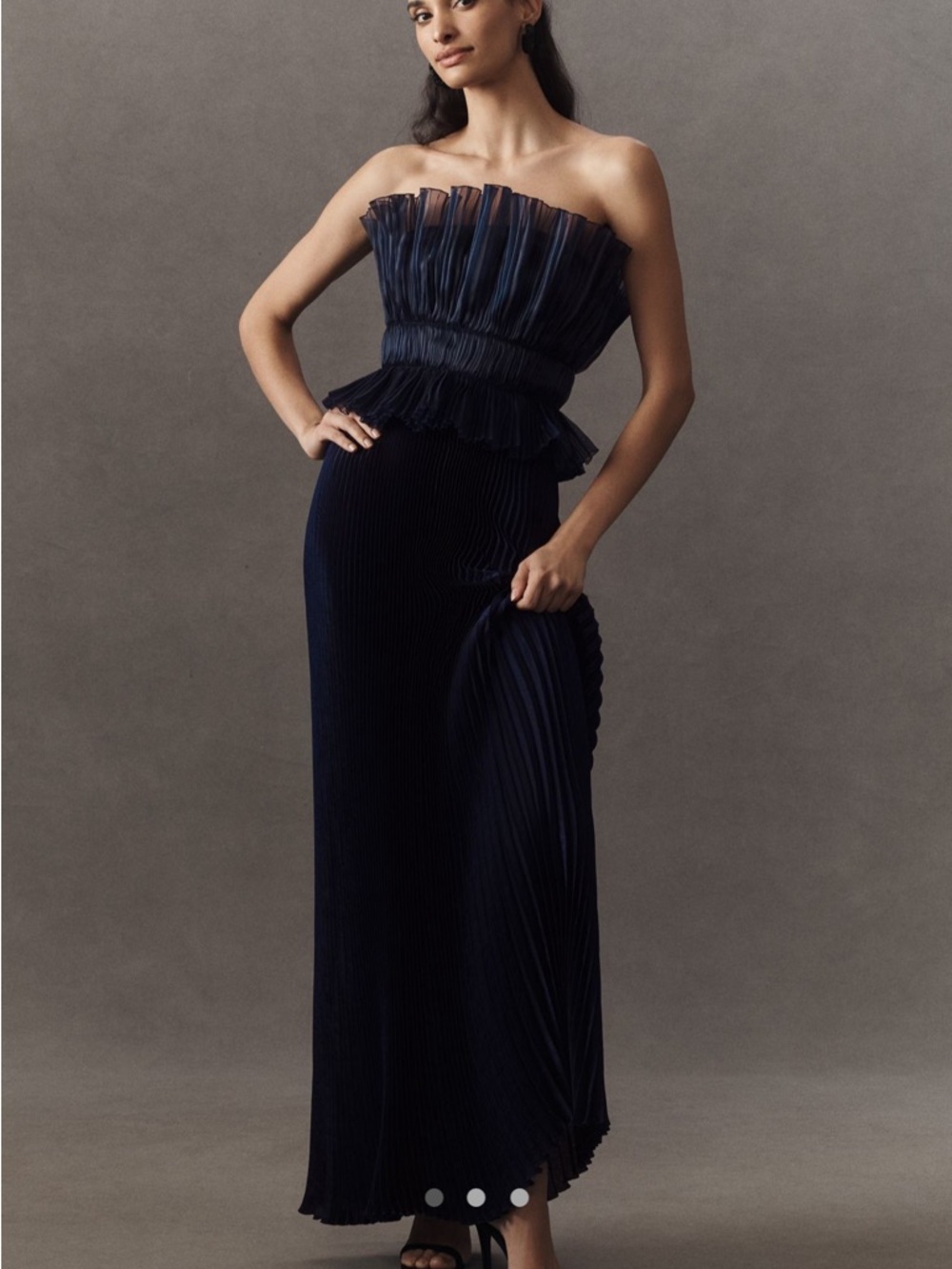 Anthropologie (L'IDEE) Strapless Navy Pleated Peplum Gown